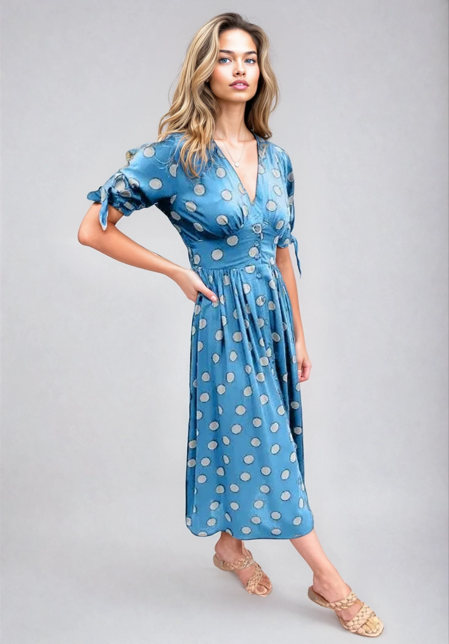 Cali™ | Elegant Polka Dot V-Neck Dress