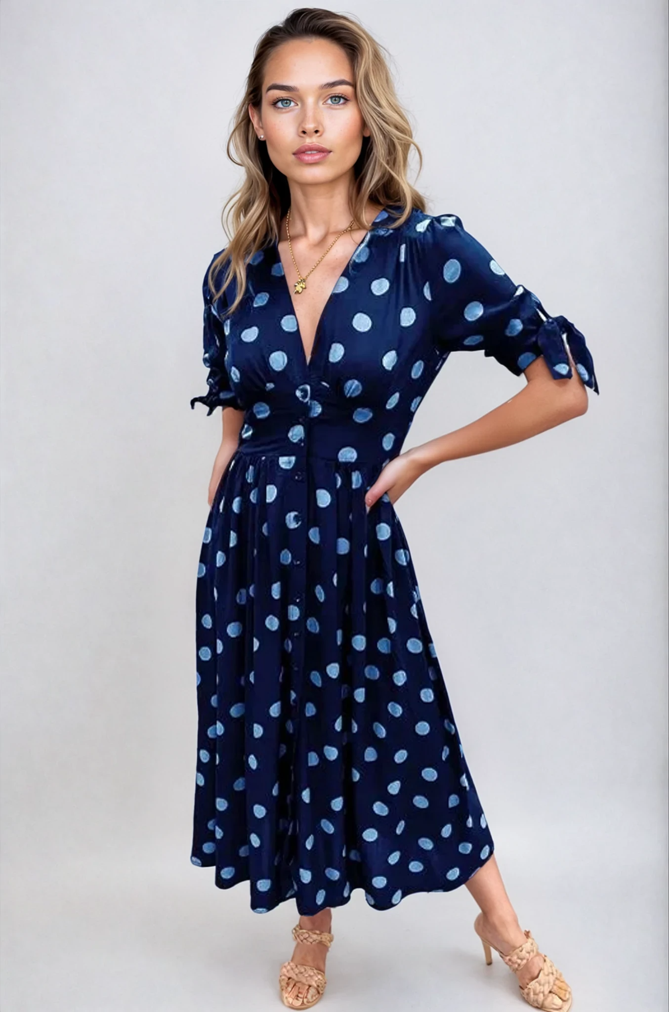 Cali™ | Elegant Polka Dot V-Neck Dress