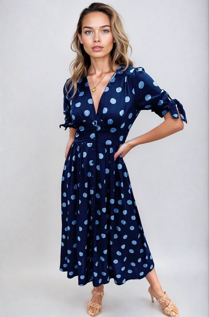 Cali™ | Elegant Polka Dot V-Neck Dress