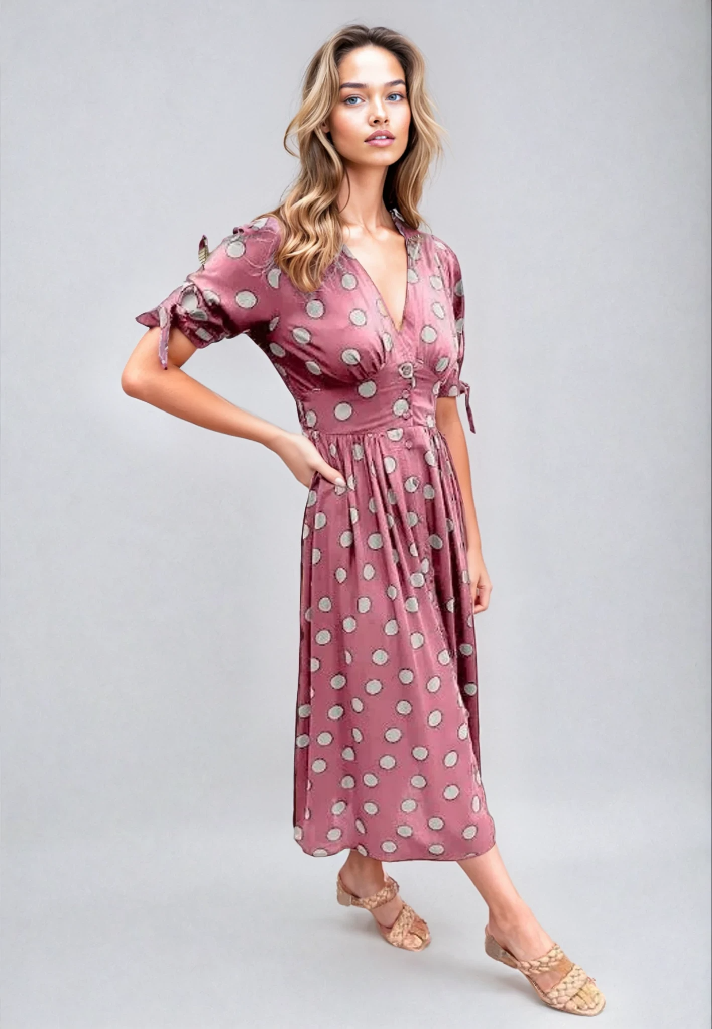 Cali™ | Elegant Polka Dot V-Neck Dress