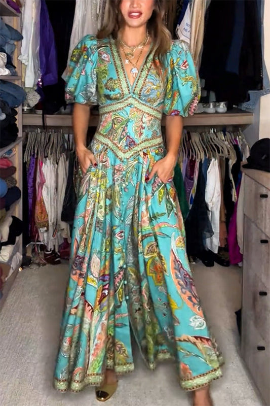 Criza™ | Elegant Puff-Sleeve V-Neck Maxi Dress