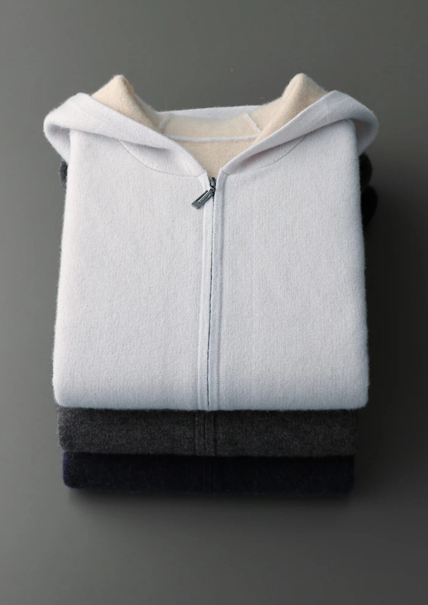 100% CASHMERE TWO -TONE ZIPPER HOODIE