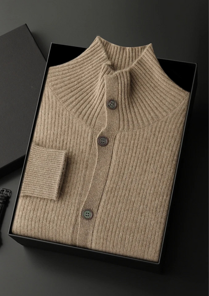 100% CASHMERE RIBBED HIGH COLLAR CARDIGAN