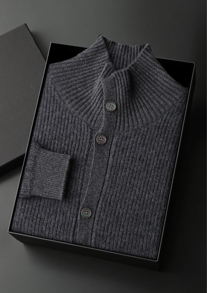 100% CASHMERE RIBBED HIGH COLLAR CARDIGAN
