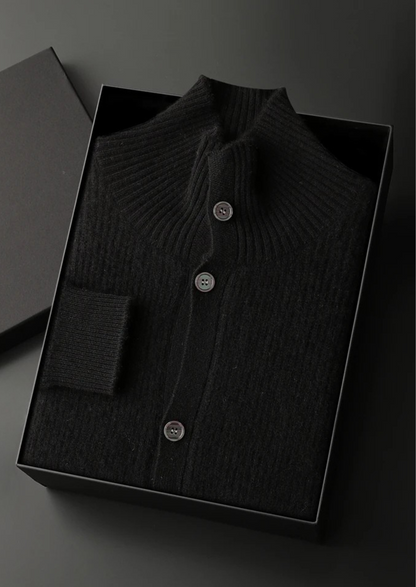 100% CASHMERE RIBBED HIGH COLLAR CARDIGAN