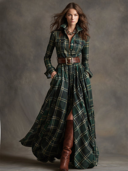 Retro Ethnic Style Lapel Reddish Brown Plaid Maxi Dress