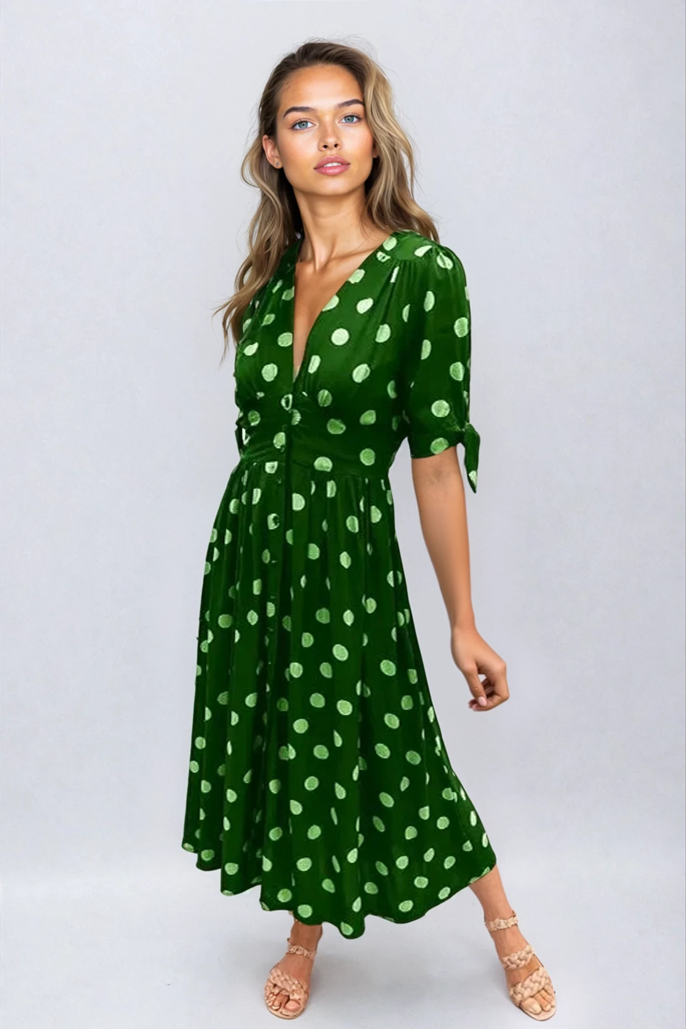 Cali™ | Elegant Polka Dot V-Neck Dress