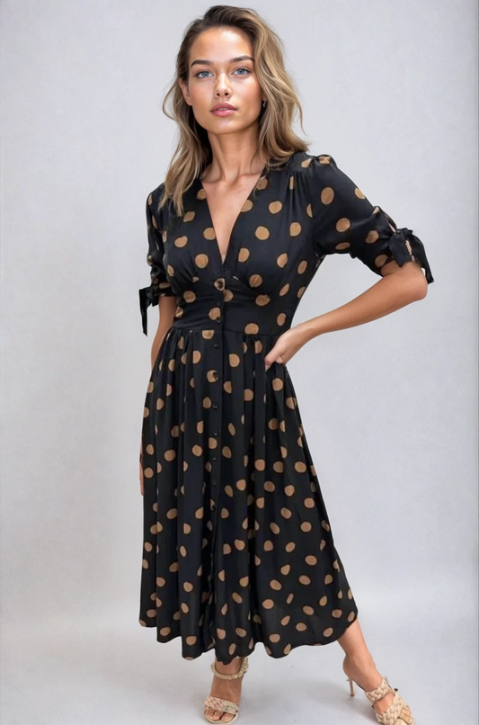 Cali™ | Elegant Polka Dot V-Neck Dress
