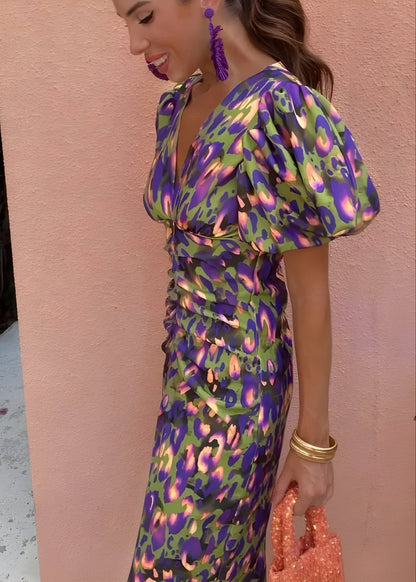 Rhea™ | Luxe Puff-Sleeve V-Neck Rich Dress