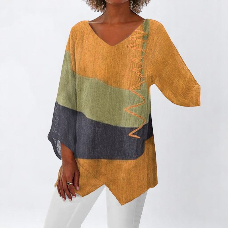 Helene- Stylish V-Neck Color Block Top