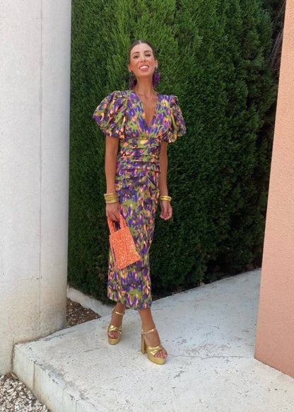 Rhea™ | Luxe Puff-Sleeve V-Neck Rich Dress