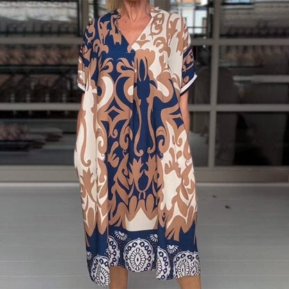 Rilana - V-Neck And Loose Printed Midi Dress