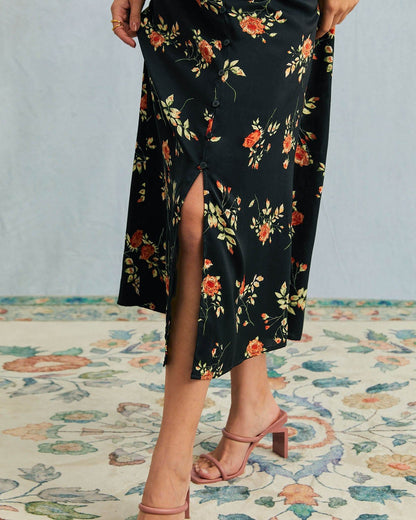 The Black V Neck Floral Short Sleeve Maxi Dress